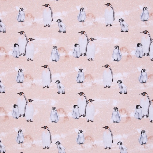 *REMNANT 102cm* European Knit, Oeko-Tex, French Terry Cosy, Penguins Pink