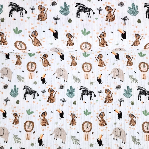 *REMNANT 127cm* European Cotton Ribbed Pointelle Jersey, Oeko-Tex, Baby Animals