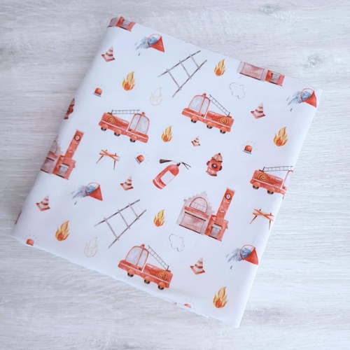 *REMNANT 80cm* European Cotton Elastane Jersey, Oeko-Tex, Fire Trucks White