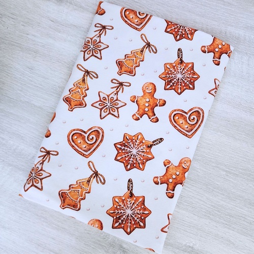 *REMNANT 128cm* European Cotton Elastane Jersey, GOTS Organic, Gingerbread Ornaments