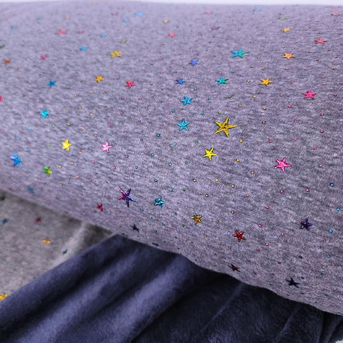 European Alpine Fleece Sweater Knit, Metallic Stars Indigo Blue
