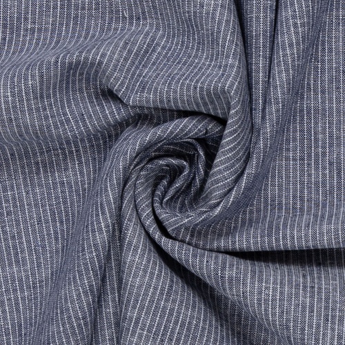 European Linen Cotton Chambray Blend Woven, Fine Stripes Denim Blue