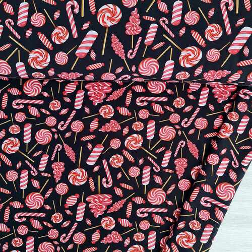 *REMNANT 79cm* European Cotton Elastane Jersey, GOTS Organic, Candy Swirls Black