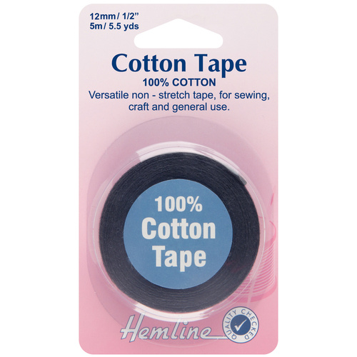 Hemline, 100% Cotton Tape, 12mm x 5m, Black