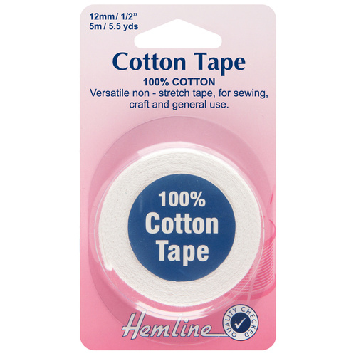 Hemline, 100% Cotton Tape, 12mm x 5m, White