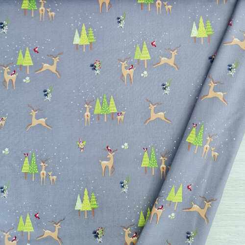 *REMNANT 89cm* European Cotton, Oeko-tex, Deers & Mistletoes Grey, Extra Wide