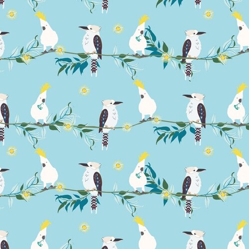 *REMNANT 122cm* KK Fabrics, Kookaburra Calling, Feathered Line-up Blue