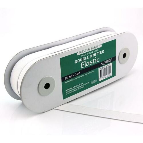 Elastic, Uni-Trim Double Knitted 25mm, White 30m Roll