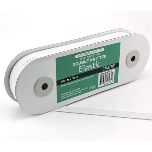 Elastic, Uni-Trim Double Knitted 20mm, White 35m Roll