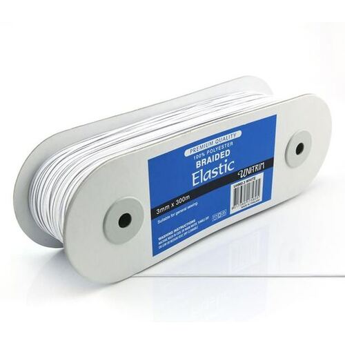 Elastic, Uni-Trim Premium Braided 3mm, White 300m Roll