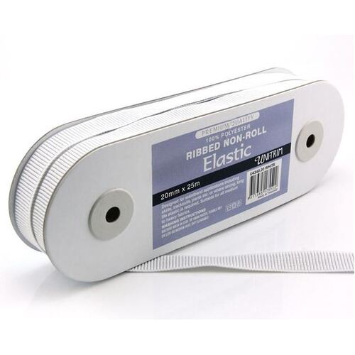 Elastic, Uni-Trim Ribbed Non-Roll 20mm - White, 25m Roll