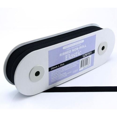 Elastic, Uni-Trim Ribbed Non-Roll 20mm - Black, 25m Roll