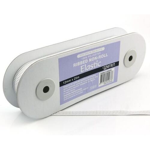 Elastic, Uni-Trim Ribbed Non-Roll 12mm - White, 25m Roll