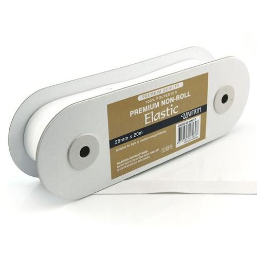 Elastic, Uni-Trim Premium Non-Roll 25mm - White per metre