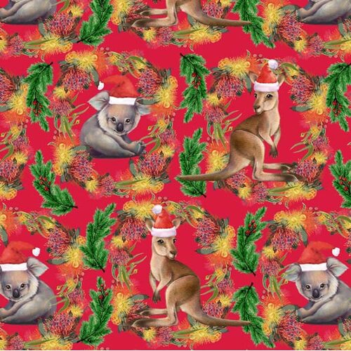 KK Fabrics, Unalloyed Aussie Christmas, Kangaroo & Koala Red
