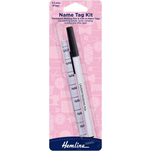 Hemline,  Iron On Name Tag Kit,  18 Tags/ 0.3m Roll & Pen