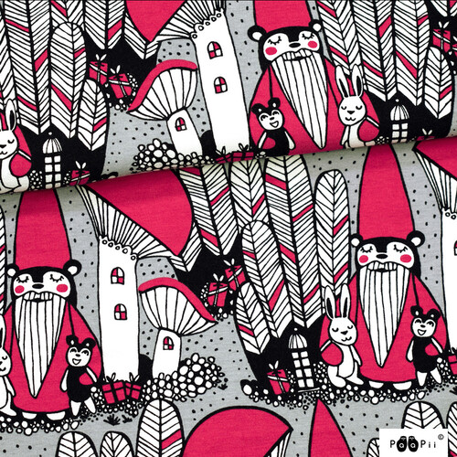 *REMNANT 62cm* PaaPii Design, GOTS Organic Jersey, Christmas Forest, Grey Red