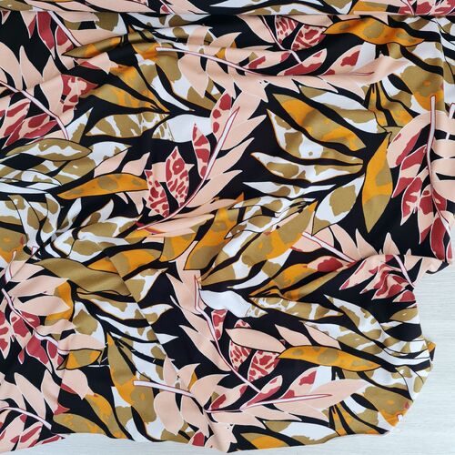 European Viscose Jersey Knit, Coloured Leaves White