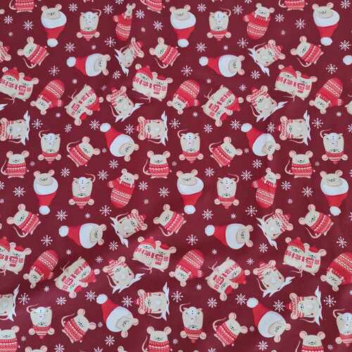 European Cotton Elastane Jersey, Oeko-Tex, Xmas Mice Burgundy