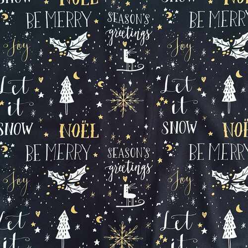 *REMNANT 37cm* European Cotton Elastane Jersey, Oeko-Tex, Seasons Greetings Black