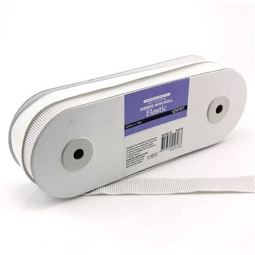 Elastic, Uni-Trim Ribbed Non-Roll 32mm - White, 18m Roll