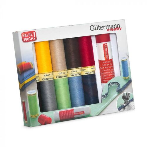 Gutermann, 10 Spool Sewing Thread Set with Textile Glue Stick