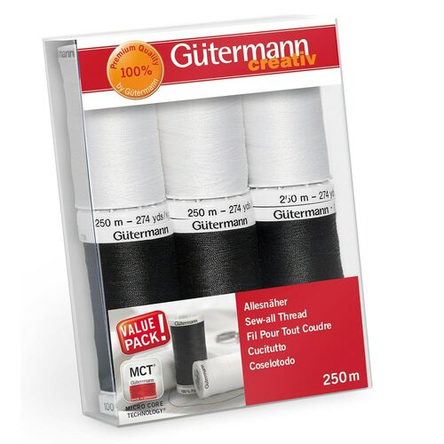 Gutermann, 6 Spool 250m Sewing Thread Set - Black & White