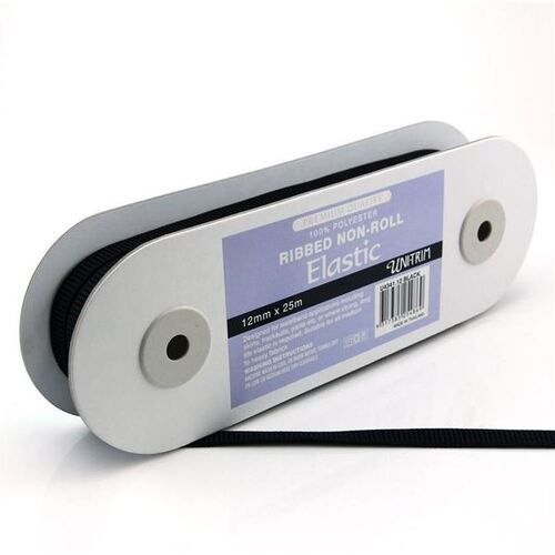 Elastic, Uni-Trim Ribbed Non-Roll 12mm - Black, per metre