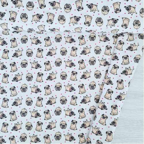 European Woven Cotton, Oeko-Tex, Extra Wide, Pug Love White