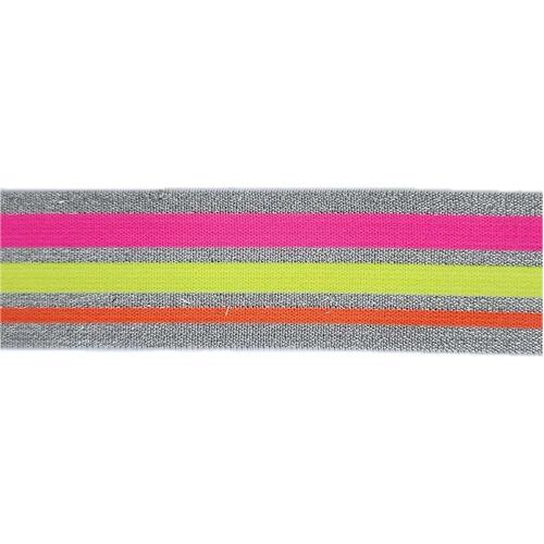 Waistband Elastic, Soft 40mm Lurex Stripes Multi Neon Pink