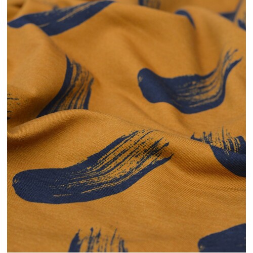 European Modal Blend French Terry Knit, Brush Strokes Golden Ochre/Navy