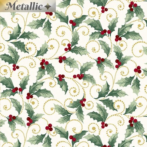 Benartex Fabrics, A Festive Medley, Holly & Scroll Cream Metallic
