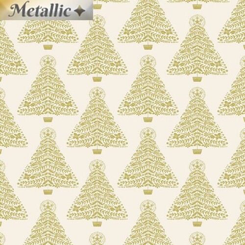 Benartex Fabrics, Holiday Sparkle, Festive Trees Cream Metallic