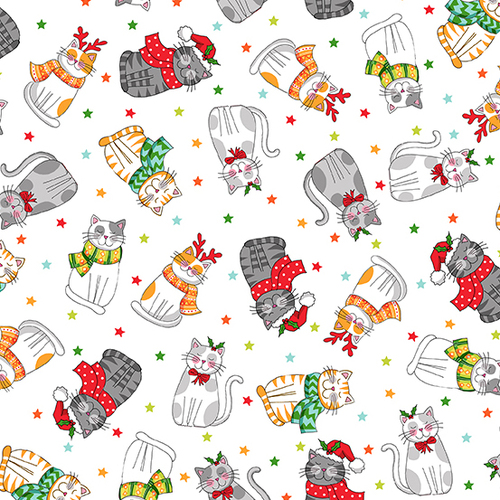 *REMNANT 52cm* Makower UK, Santa Paws, Cats Scatter White