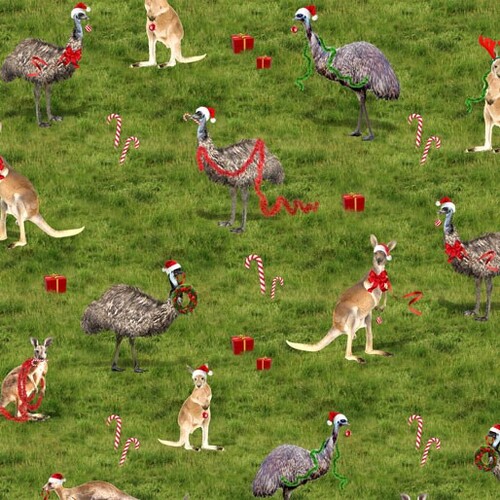 KK Fabrics, The Night Before Christmas, Festive Emu and Kangaroo Allover