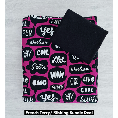 *2 PIECE BUNDLE* European Knit, Oeko-Tex French Terry Cosy, Speech Bubbles Honeysuckle & Ribbing