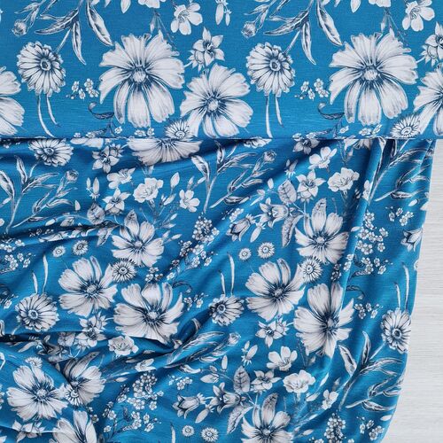 European Viscose Jersey Knit, Flowers Blue