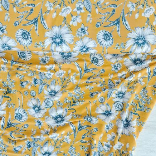 European Viscose Jersey Knit, Flowers Yellow