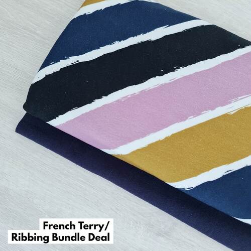 *BUNDLE 2 PIECE* European Knit, Oeko-Tex French Terry, Diagonally Stripes Moss/Blue/Lilac & Navy Ribbing