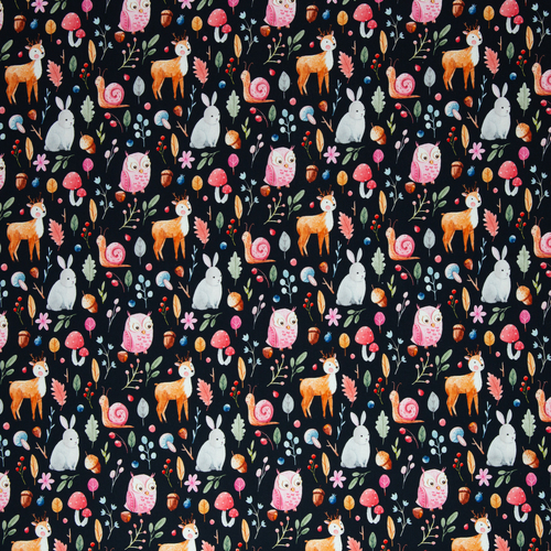 European Cotton Elastane Jersey, Oeko Tex, Forest Animals Black