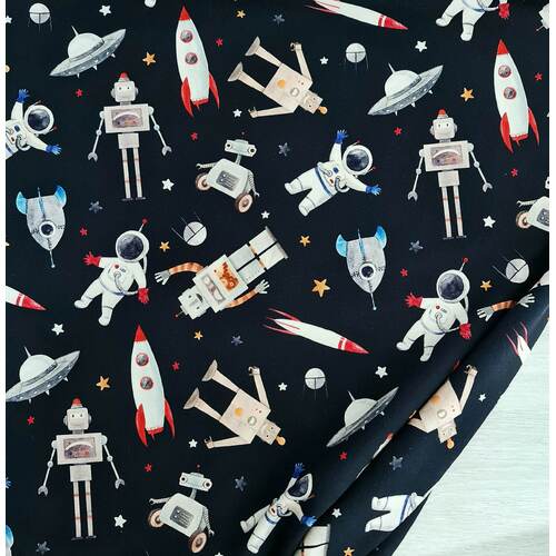 European Knit, Oeko-Tex French Terry, Astronauts & Robots Dark Navy