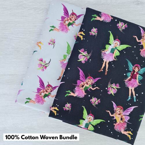 *BUNDLE DEAL 2 PIECE* KK Fabrics, Bush Gum Fairies, Aussie Wildflowers Black & Grey