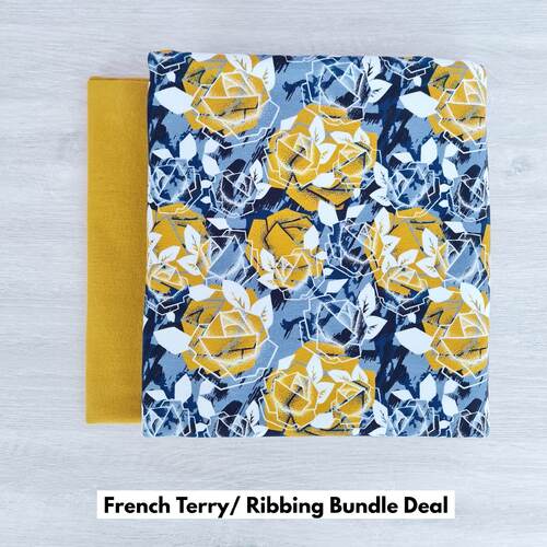 *2 PIECE BUNDLE DEAL* European Knit, Oeko-Tex French Terry, Geometric Roses Blue Grey/Light Ochre Ribbing