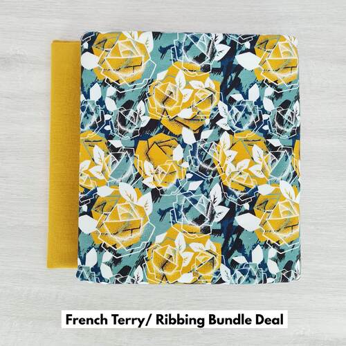 *2 PIECE BUNDLE DEAL* European Knit, Oeko-Tex French Terry, Geometric Roses Light Eucalypt/Light Ochre Ribbing