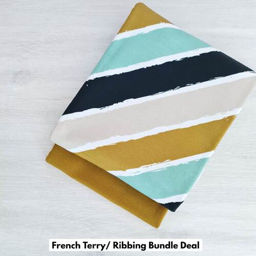 *2 PIECE BUNDLE DEAL* European Knit, Oeko-Tex French Terry, Diagonally Stripes Moss/Green/Black & Dark Dijon Ribbing