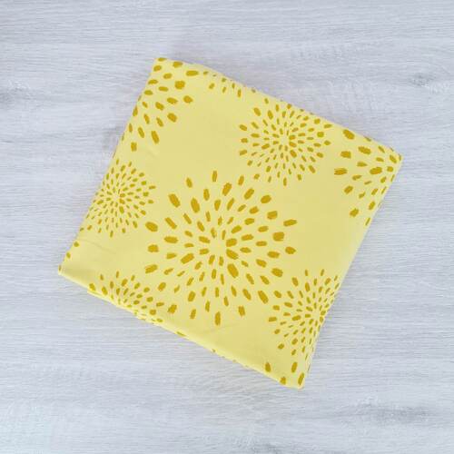 *REMNANT 111cm* European Cotton Elastane Jersey, Oeko-Tex, Star Bursts Lemon