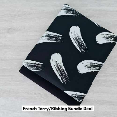 *2 PIECE VALUE BUNDLE* European Modal Blend French Terry Knit, Brush Strokes Black/White & Black Ribbing