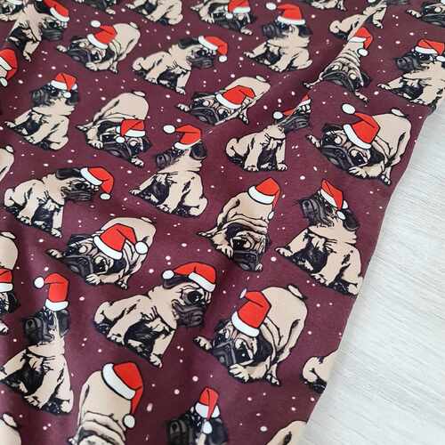 European Cotton Elastane Jersey, Oeko-Tex, Xmas Pugs Dark Burgundy
