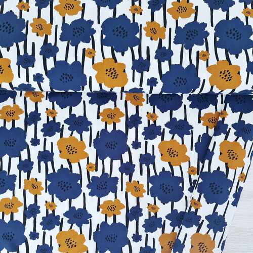 European Cotton Elastane Jersey, Oeko-Tex, Field of Flowers Ochre Denim Blue