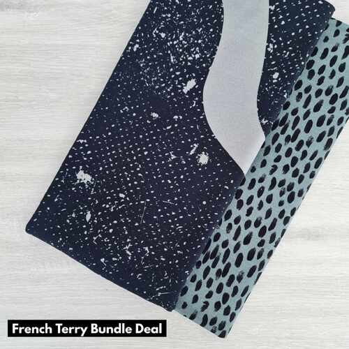 *REMNANT 2 PIECE BUNDLE* European Modal Blend French Terry Knit, Mega Shapes Grey & Brush Black Acacia